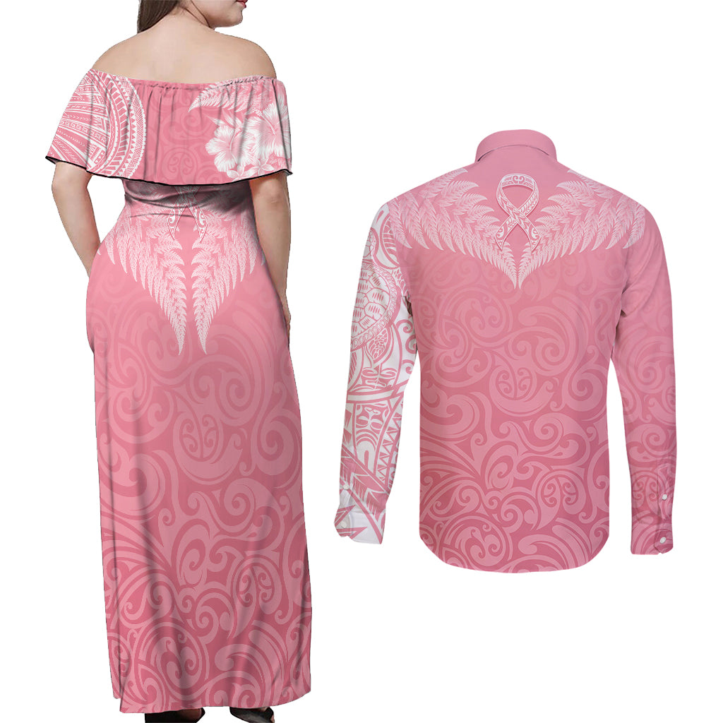 Personalised New Zealand Couples Matching Off Shoulder Maxi Dress and Long Sleeve Button Shirts Pink Ribbon Tattoo Mix Silver Fern LT7 - Wonder Print Shop