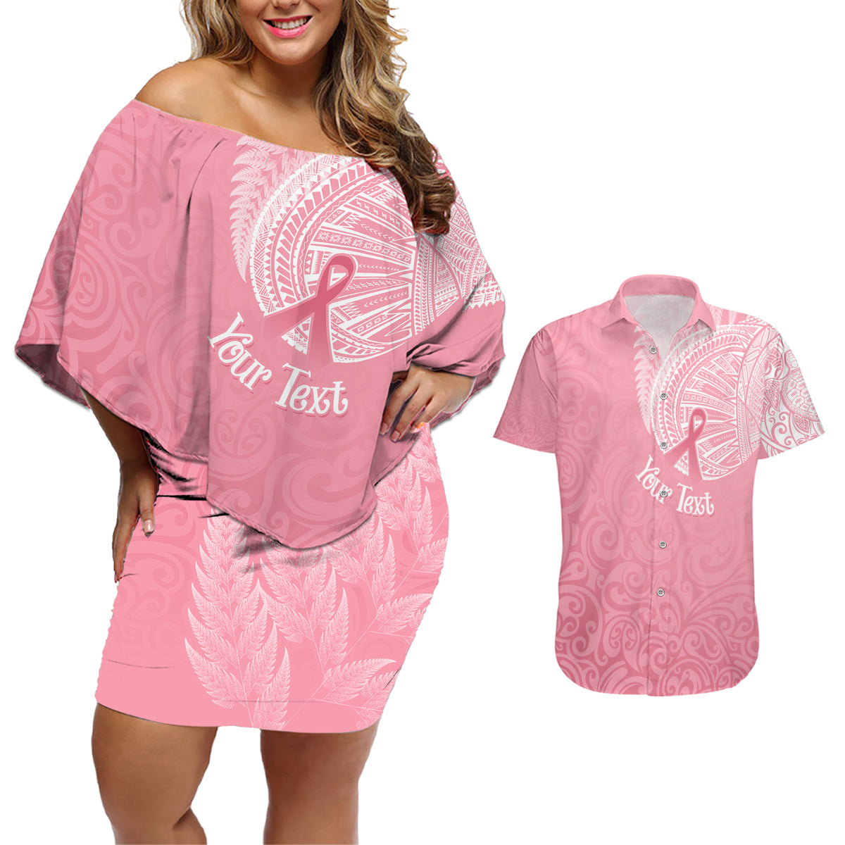 Personalised New Zealand Couples Matching Off Shoulder Short Dress and Hawaiian Shirt Pink Ribbon Tattoo Mix Silver Fern LT7 - Wonder Print Shop