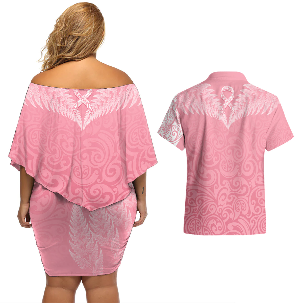 Personalised New Zealand Couples Matching Off Shoulder Short Dress and Hawaiian Shirt Pink Ribbon Tattoo Mix Silver Fern LT7 - Wonder Print Shop