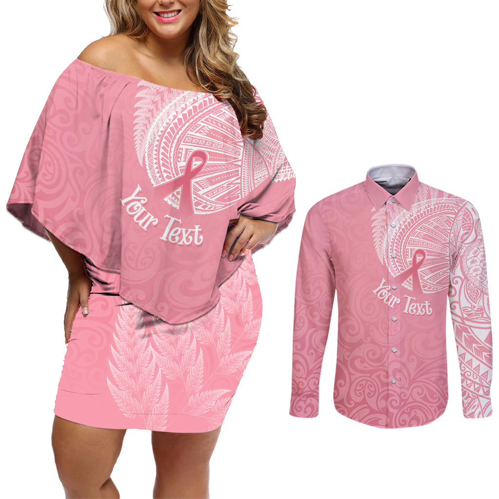 Personalised New Zealand Couples Matching Off Shoulder Short Dress and Long Sleeve Button Shirts Pink Ribbon Tattoo Mix Silver Fern LT7 - Wonder Print Shop