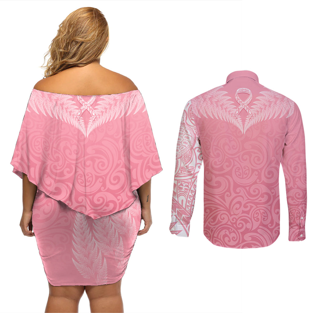 Personalised New Zealand Couples Matching Off Shoulder Short Dress and Long Sleeve Button Shirts Pink Ribbon Tattoo Mix Silver Fern LT7 - Wonder Print Shop