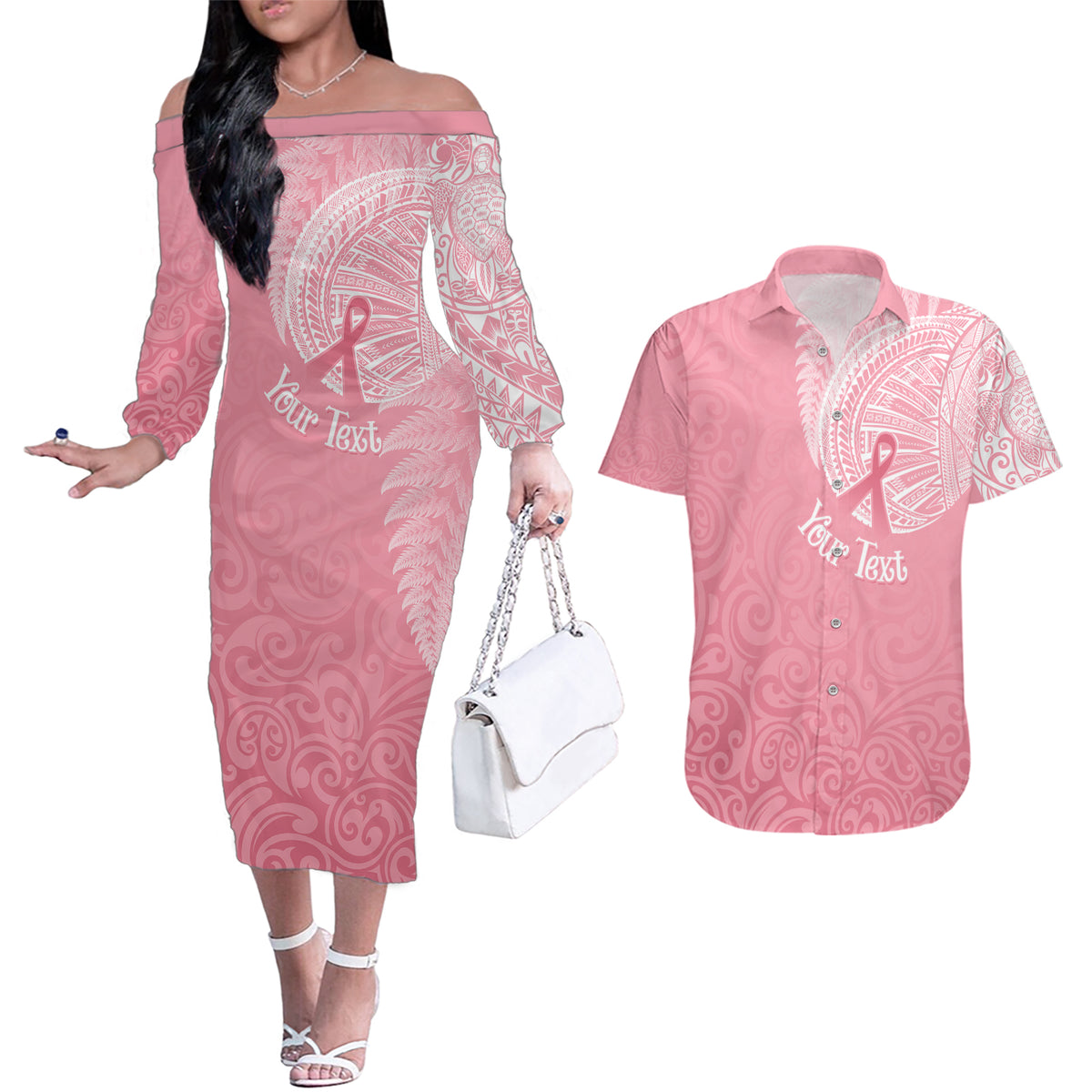 Personalised New Zealand Couples Matching Off The Shoulder Long Sleeve Dress and Hawaiian Shirt Pink Ribbon Tattoo Mix Silver Fern LT7 - Wonder Print Shop