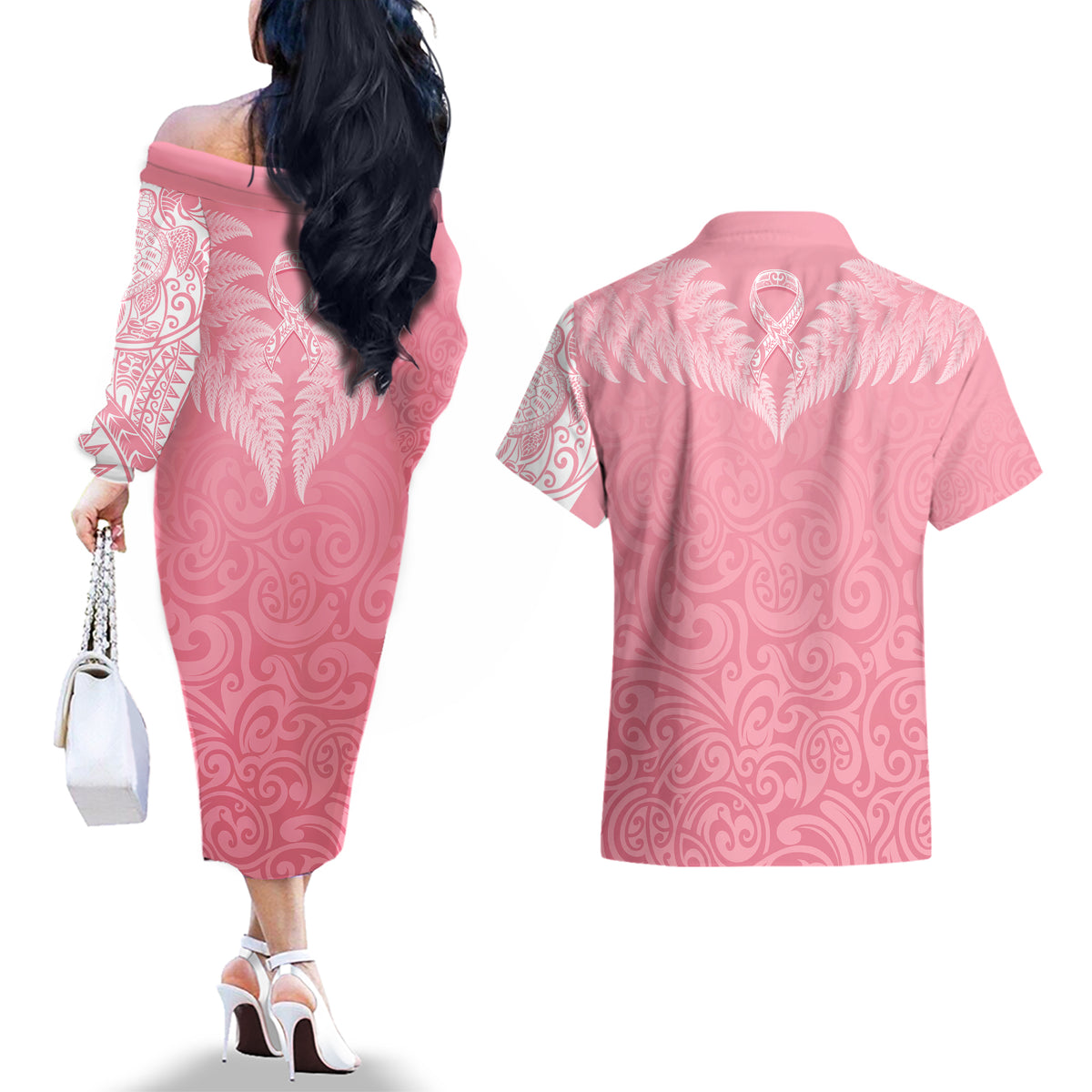 Personalised New Zealand Couples Matching Off The Shoulder Long Sleeve Dress and Hawaiian Shirt Pink Ribbon Tattoo Mix Silver Fern LT7 - Wonder Print Shop