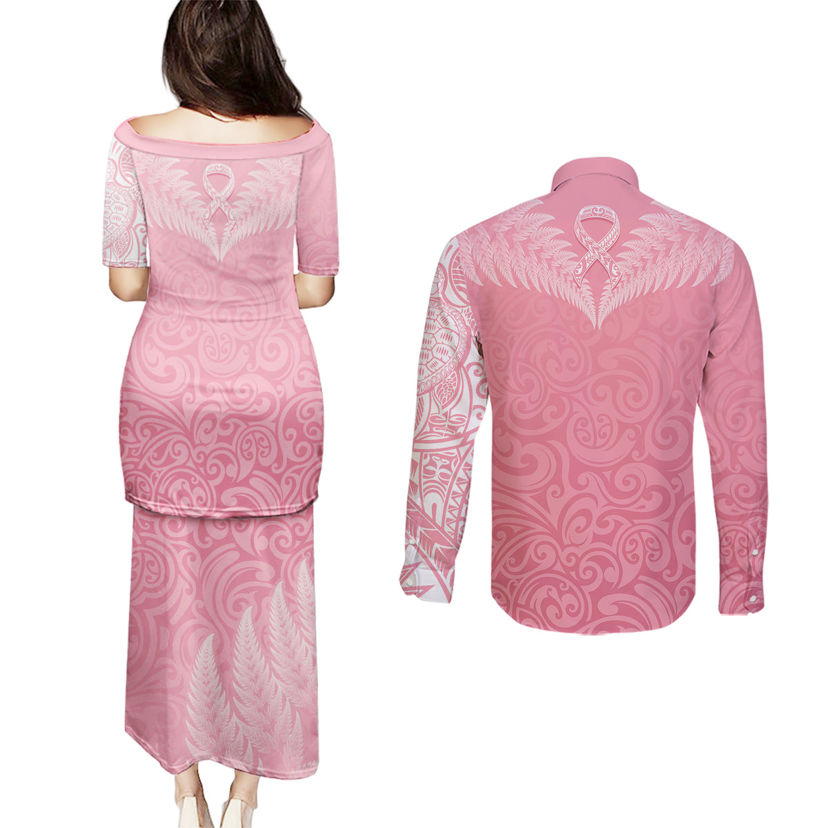 Personalised New Zealand Couples Matching Puletasi Dress and Long Sleeve Button Shirts Pink Ribbon Tattoo Mix Silver Fern LT7 - Wonder Print Shop