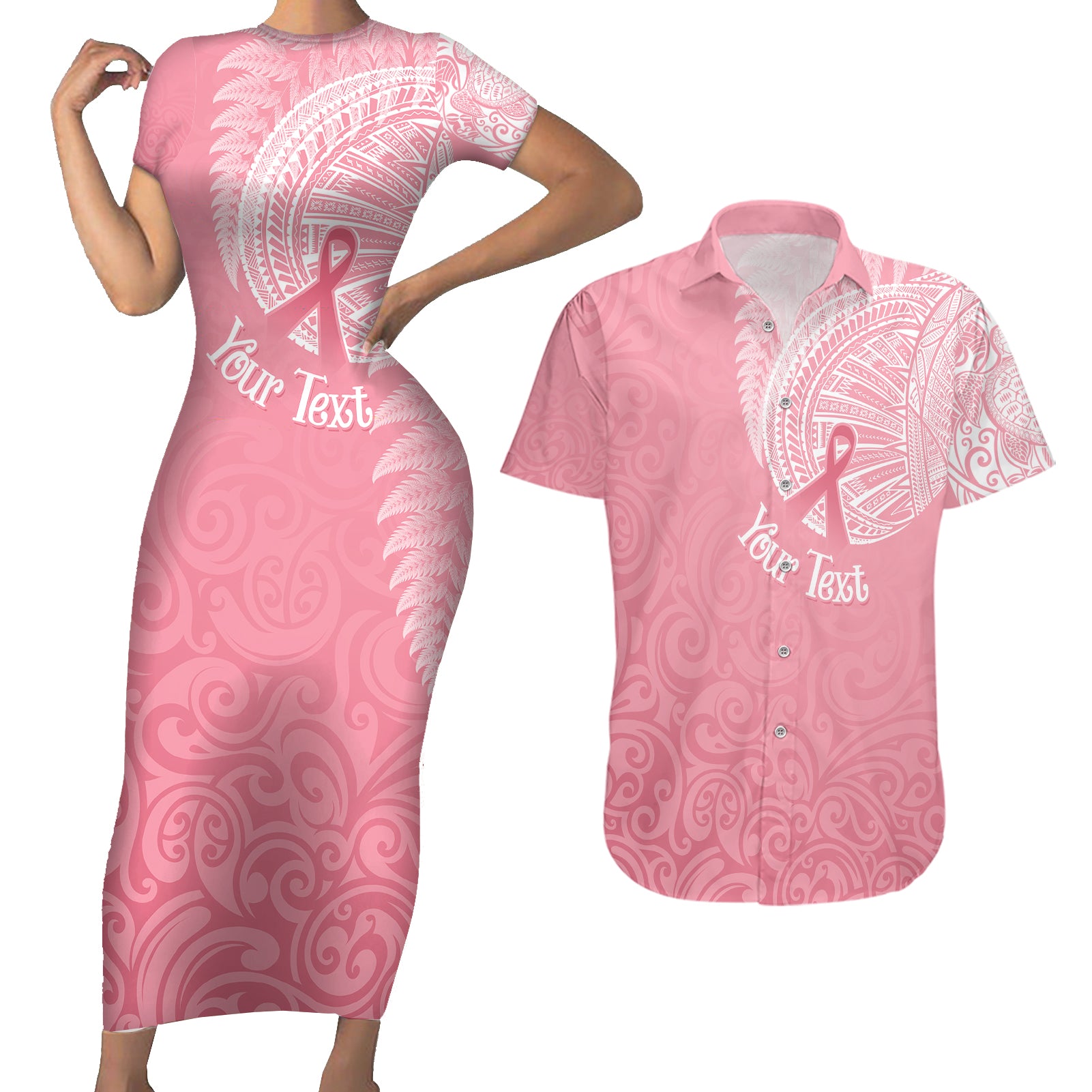 Personalised New Zealand Couples Matching Short Sleeve Bodycon Dress and Hawaiian Shirt Pink Ribbon Tattoo Mix Silver Fern LT7 - Wonder Print Shop