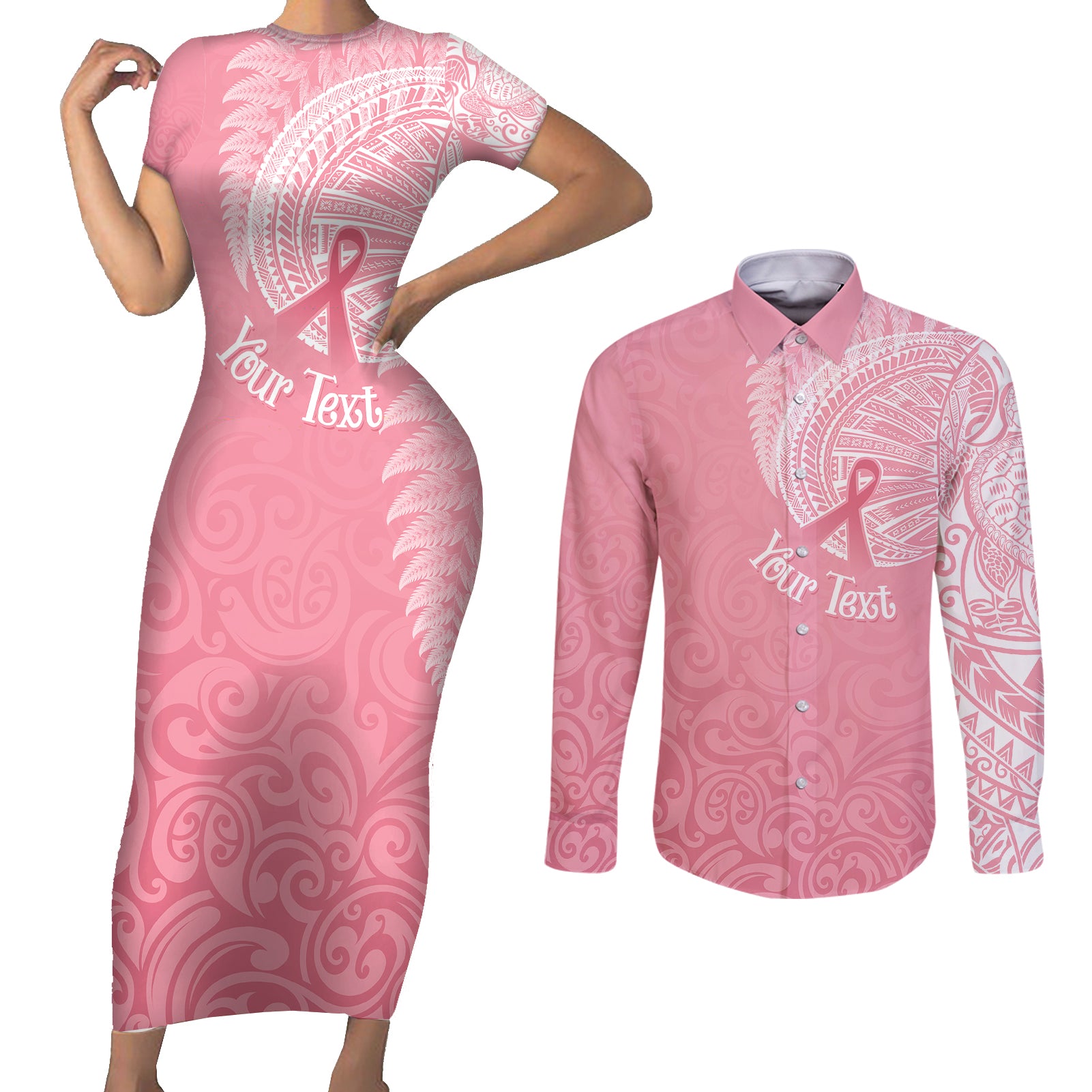 Personalised New Zealand Couples Matching Short Sleeve Bodycon Dress and Long Sleeve Button Shirts Pink Ribbon Tattoo Mix Silver Fern LT7 - Wonder Print Shop