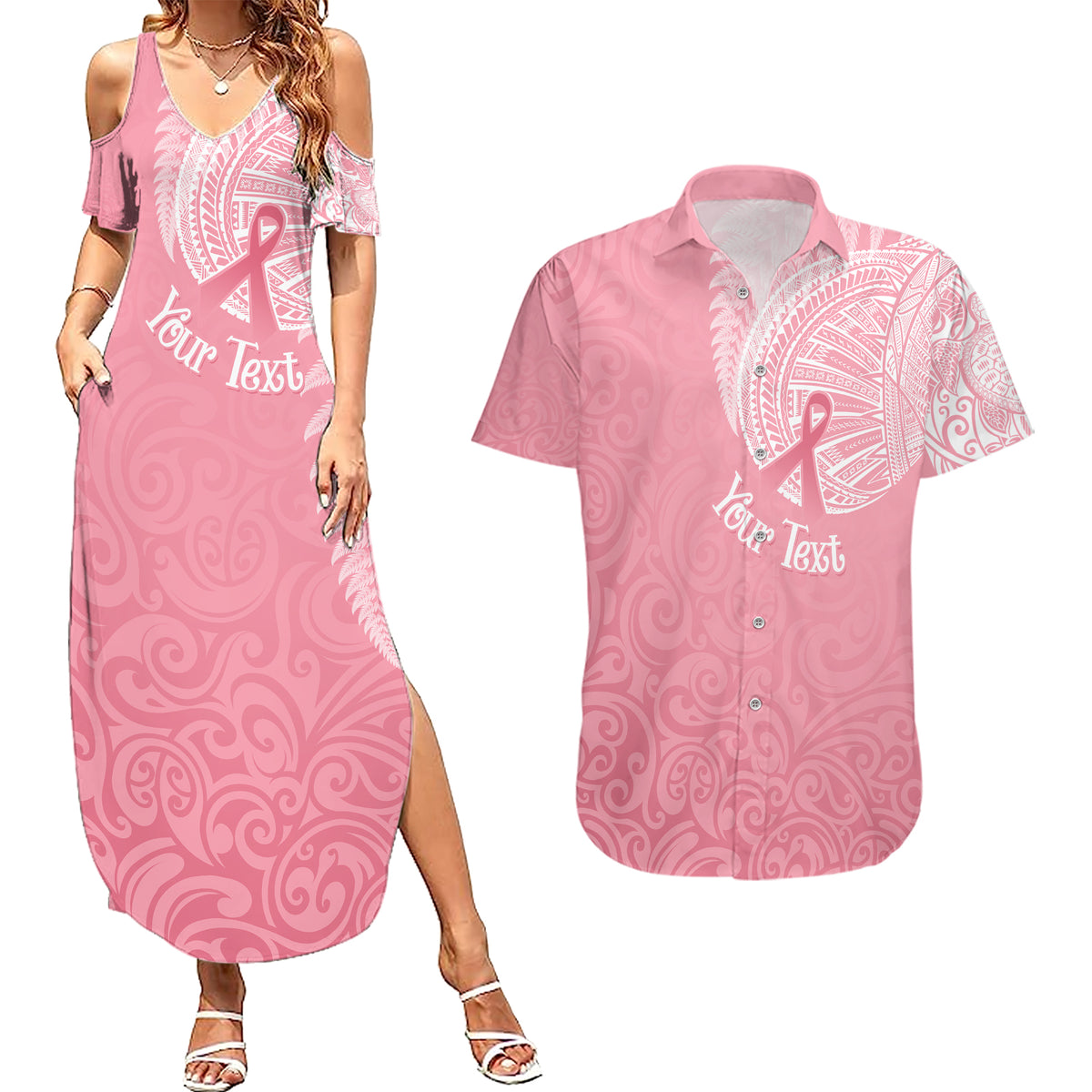 Personalised New Zealand Couples Matching Summer Maxi Dress and Hawaiian Shirt Pink Ribbon Tattoo Mix Silver Fern LT7 - Wonder Print Shop