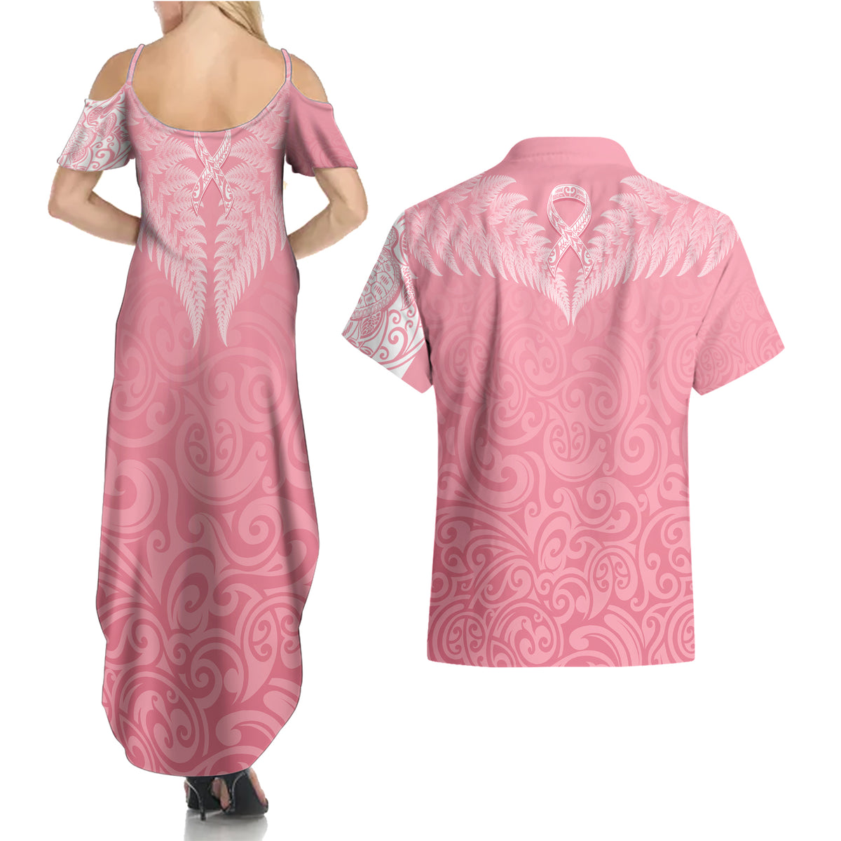 Personalised New Zealand Couples Matching Summer Maxi Dress and Hawaiian Shirt Pink Ribbon Tattoo Mix Silver Fern LT7 - Wonder Print Shop