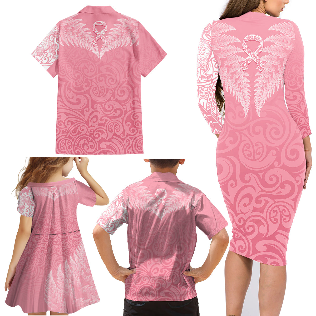 Personalised New Zealand Family Matching Long Sleeve Bodycon Dress and Hawaiian Shirt Pink Ribbon Tattoo Mix Silver Fern LT7 - Wonder Print Shop