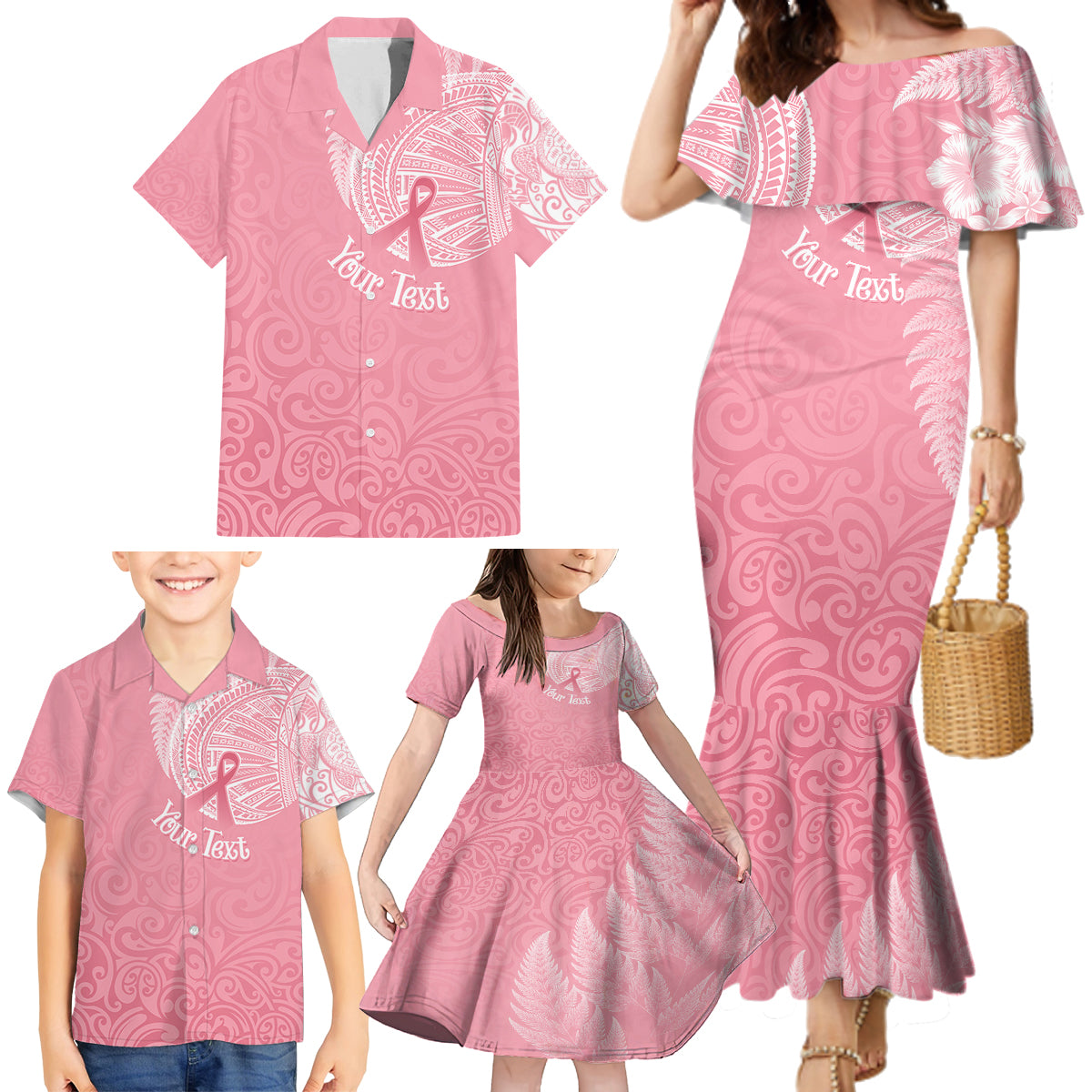 Personalised New Zealand Family Matching Mermaid Dress and Hawaiian Shirt Pink Ribbon Tattoo Mix Silver Fern LT7 - Wonder Print Shop