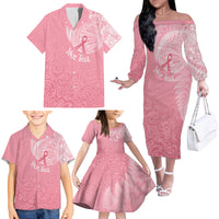 Personalised New Zealand Family Matching Off Shoulder Long Sleeve Dress and Hawaiian Shirt Pink Ribbon Tattoo Mix Silver Fern - Wonder Print Shop