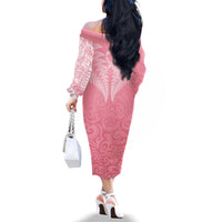 Personalised New Zealand Family Matching Off Shoulder Long Sleeve Dress and Hawaiian Shirt Pink Ribbon Tattoo Mix Silver Fern - Wonder Print Shop