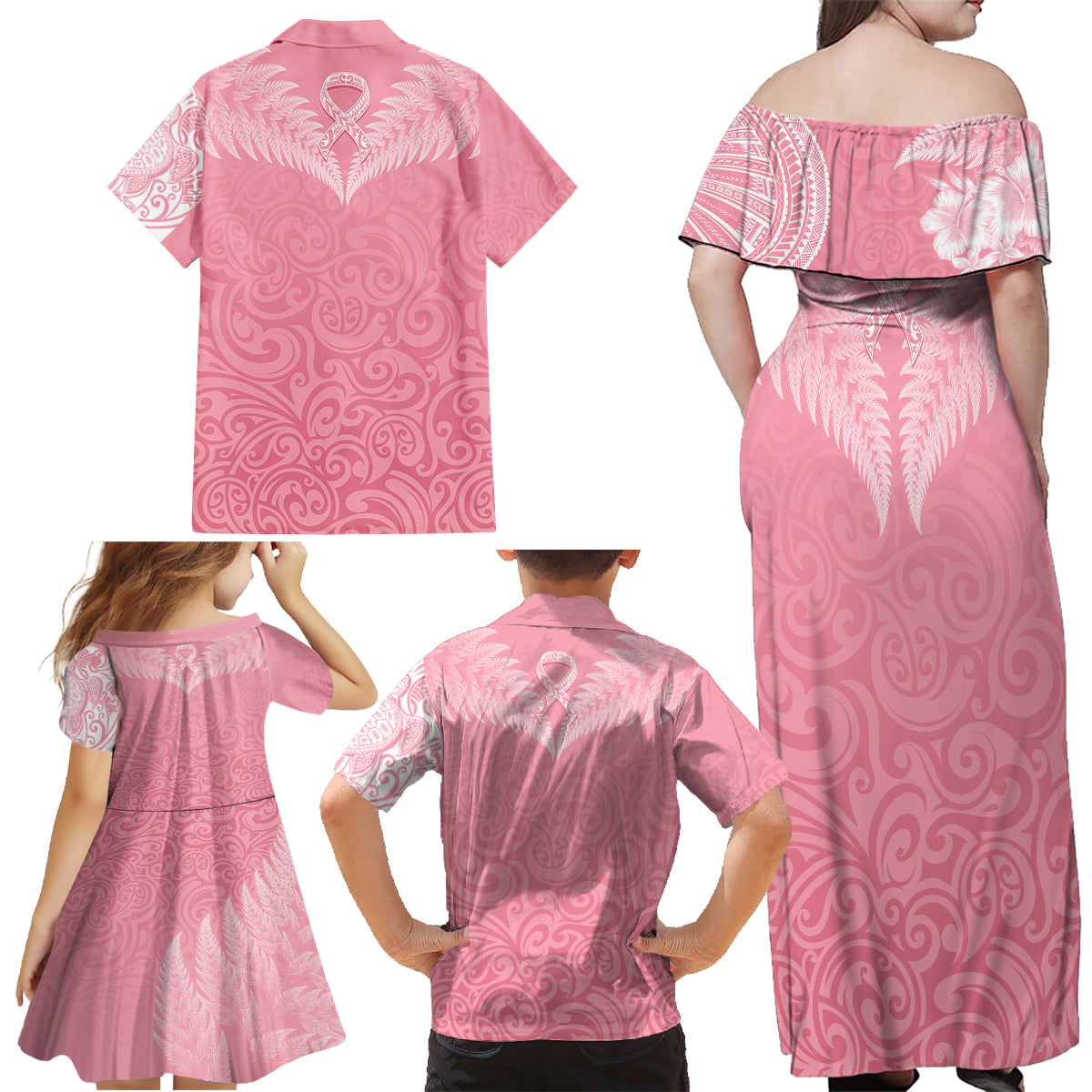 Personalised New Zealand Family Matching Off Shoulder Maxi Dress and Hawaiian Shirt Pink Ribbon Tattoo Mix Silver Fern LT7 - Wonder Print Shop