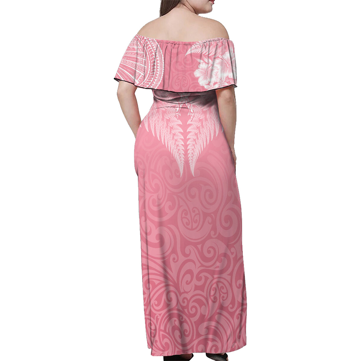 Personalised New Zealand Family Matching Off Shoulder Maxi Dress and Hawaiian Shirt Pink Ribbon Tattoo Mix Silver Fern LT7 - Wonder Print Shop