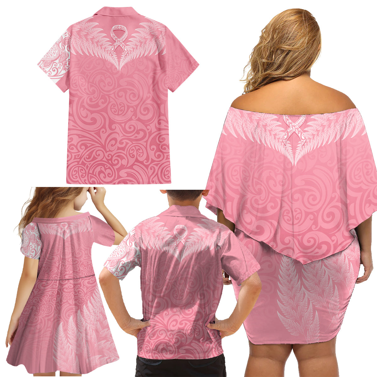 Personalised New Zealand Family Matching Off Shoulder Short Dress and Hawaiian Shirt Pink Ribbon Tattoo Mix Silver Fern LT7 - Wonder Print Shop