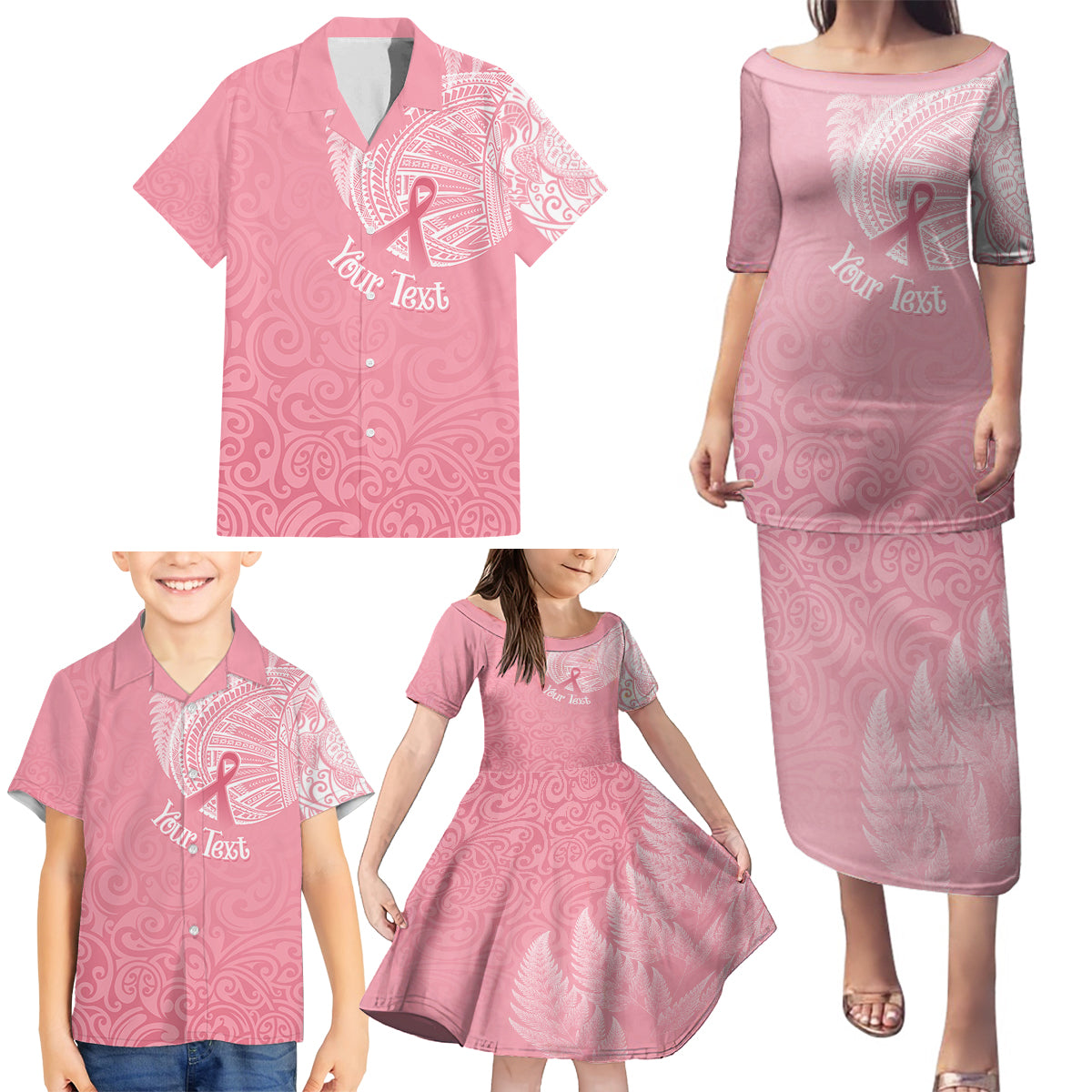 Personalised New Zealand Family Matching Puletasi Dress and Hawaiian Shirt Pink Ribbon Tattoo Mix Silver Fern - Wonder Print Shop