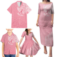 Personalised New Zealand Family Matching Puletasi Dress and Hawaiian Shirt Pink Ribbon Tattoo Mix Silver Fern - Wonder Print Shop