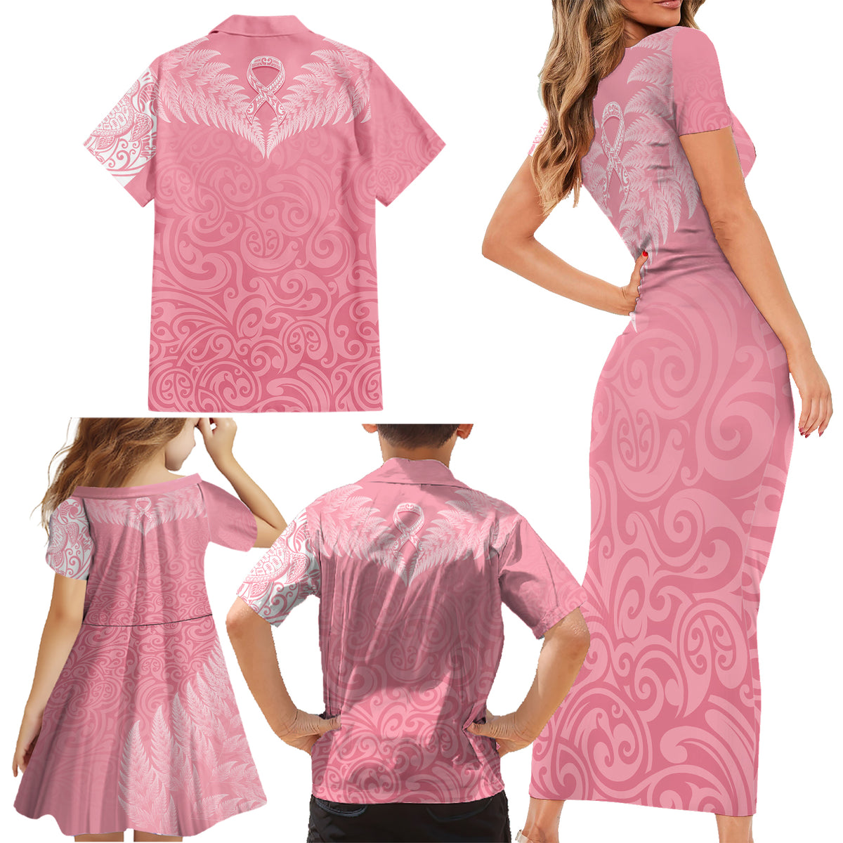 Personalised New Zealand Family Matching Short Sleeve Bodycon Dress and Hawaiian Shirt Pink Ribbon Tattoo Mix Silver Fern - Wonder Print Shop