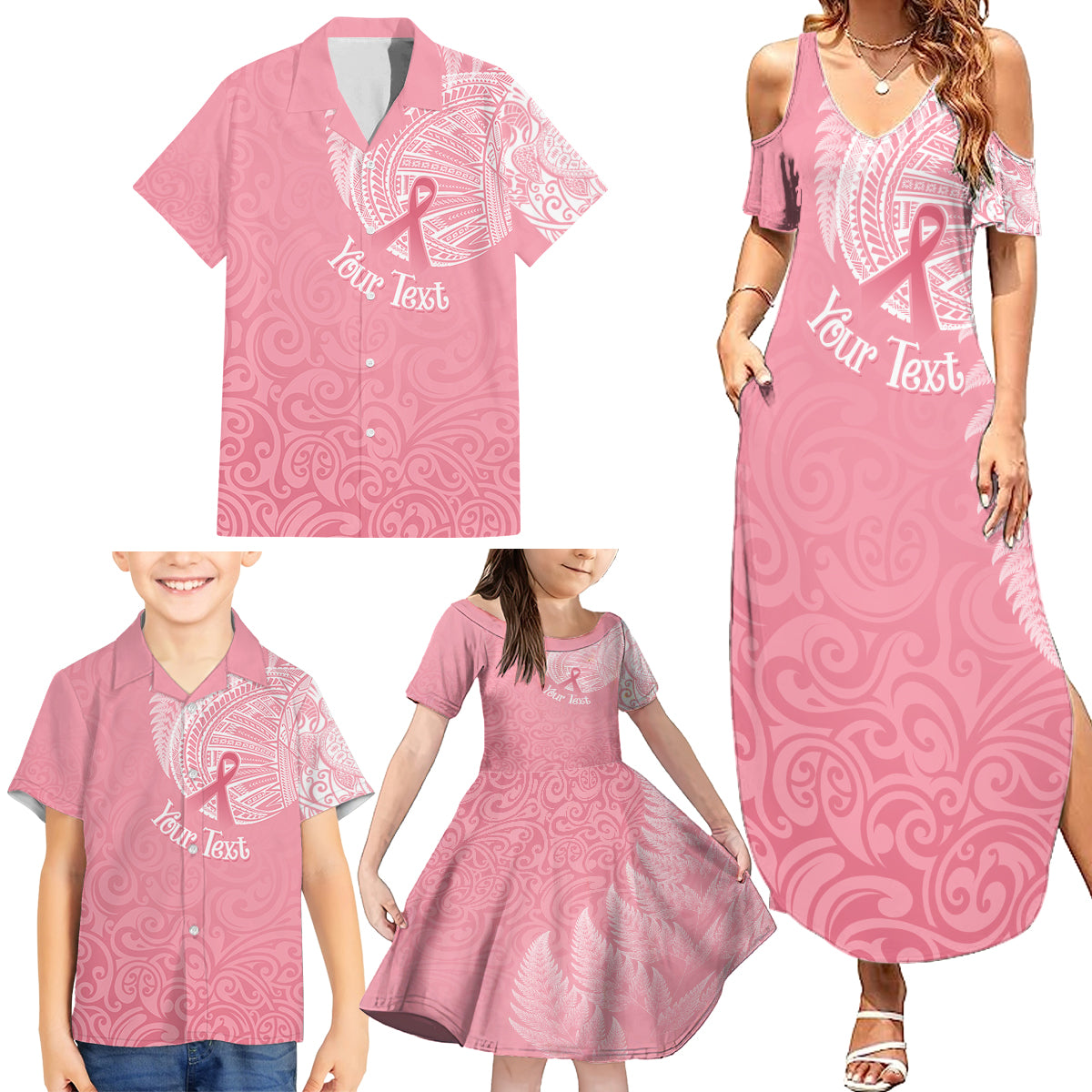 Personalised New Zealand Family Matching Summer Maxi Dress and Hawaiian Shirt Pink Ribbon Tattoo Mix Silver Fern - Wonder Print Shop