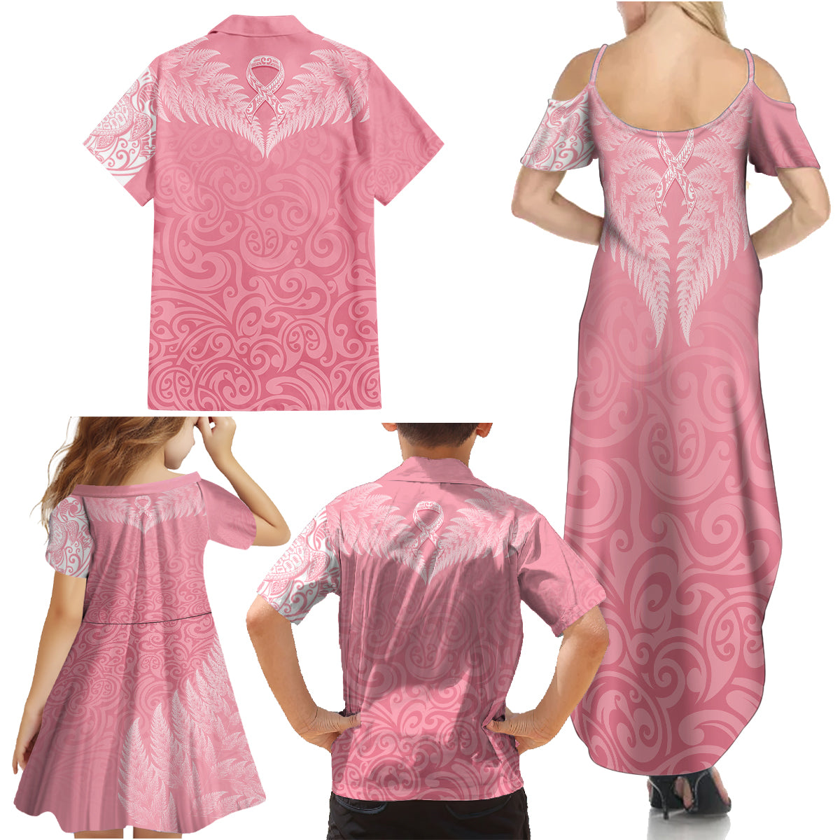 Personalised New Zealand Family Matching Summer Maxi Dress and Hawaiian Shirt Pink Ribbon Tattoo Mix Silver Fern - Wonder Print Shop