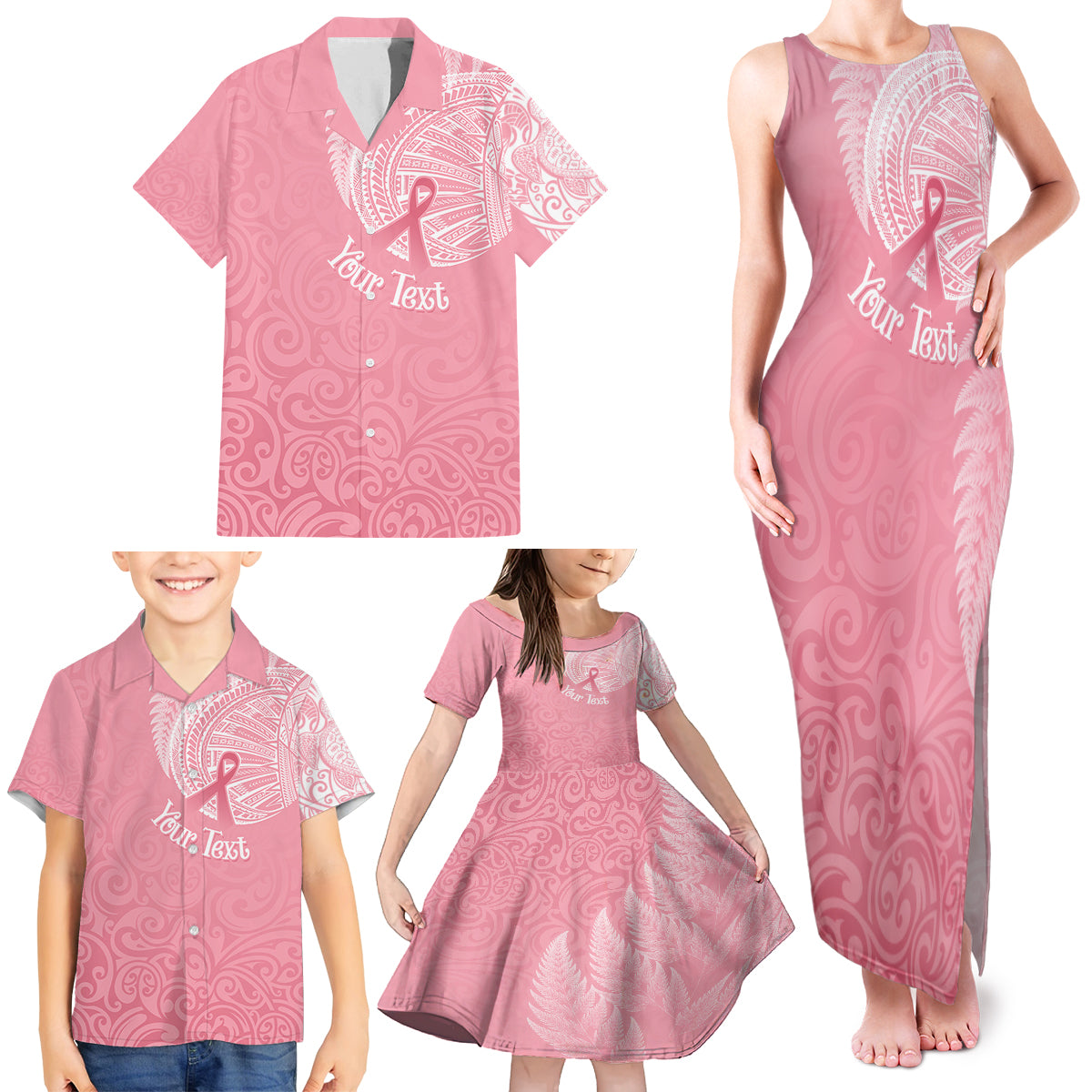 Personalised New Zealand Family Matching Tank Maxi Dress and Hawaiian Shirt Pink Ribbon Tattoo Mix Silver Fern - Wonder Print Shop