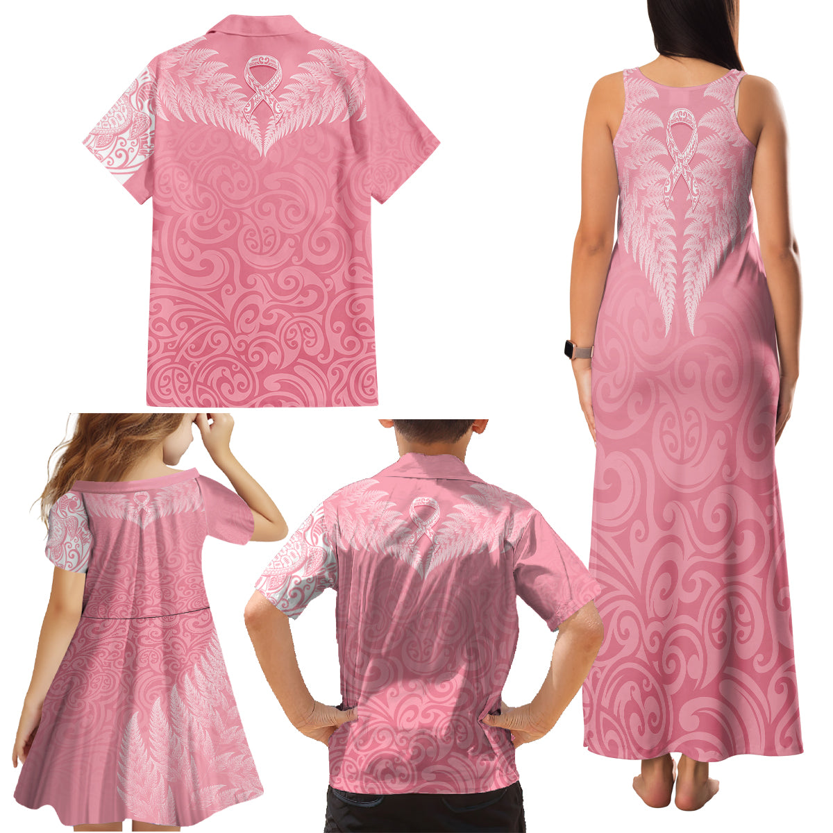 Personalised New Zealand Family Matching Tank Maxi Dress and Hawaiian Shirt Pink Ribbon Tattoo Mix Silver Fern - Wonder Print Shop