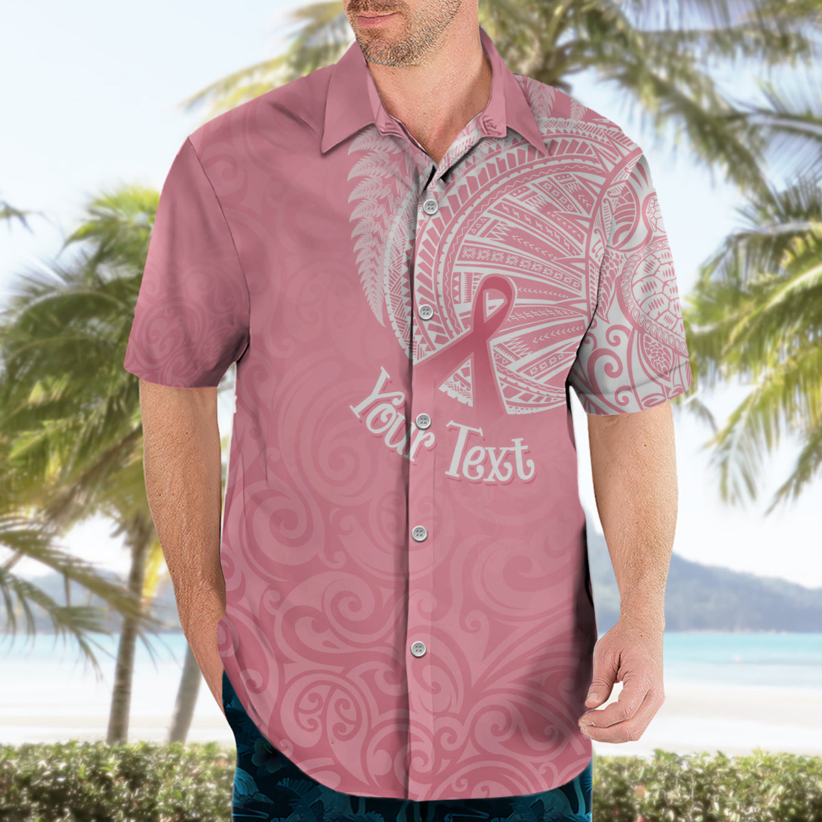 Personalised New Zealand Hawaiian Shirt Pink Ribbon Tattoo Mix Silver Fern - Wonder Print Shop
