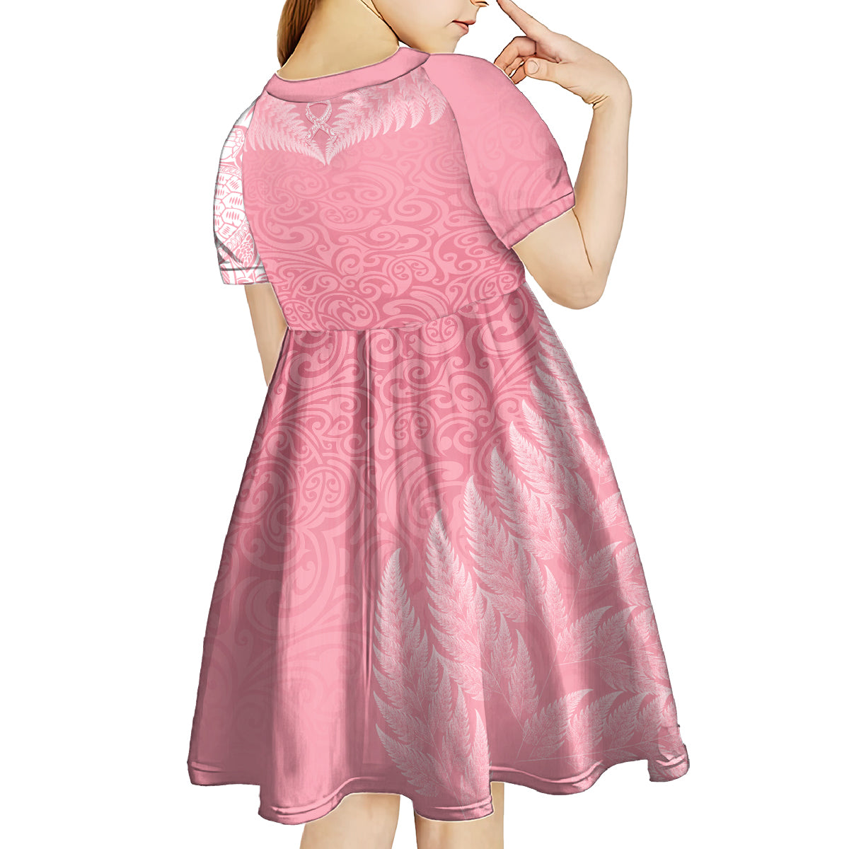 Personalised New Zealand Kid Short Sleeve Dress Pink Ribbon Tattoo Mix Silver Fern - Wonder Print Shop