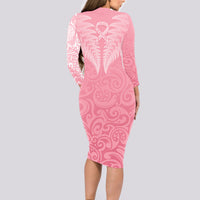 Personalised New Zealand Long Sleeve Bodycon Dress Pink Ribbon Tattoo Mix Silver Fern - Wonder Print Shop