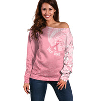 Personalised New Zealand Off Shoulder Sweater Pink Ribbon Tattoo Mix Silver Fern - Wonder Print Shop
