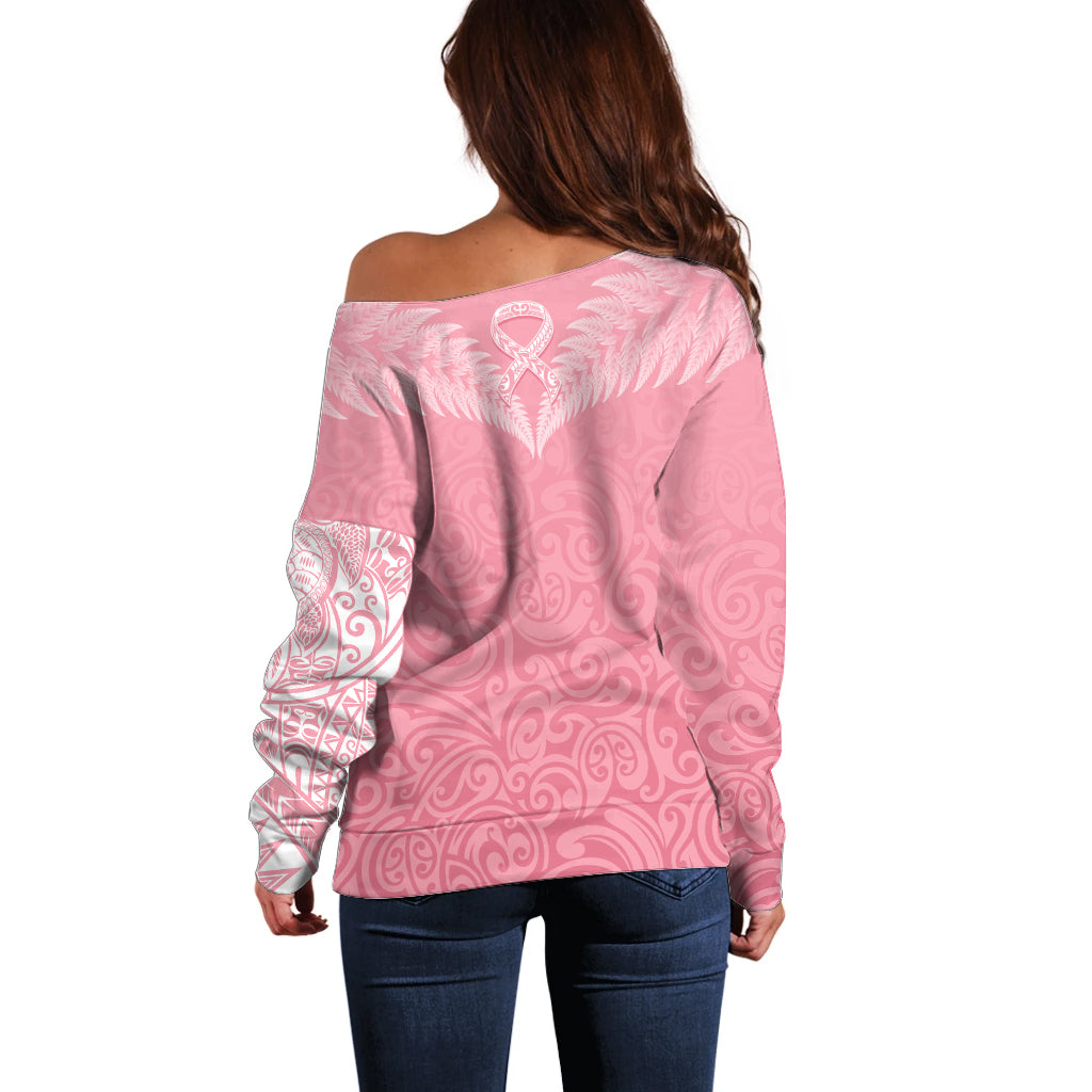 Personalised New Zealand Off Shoulder Sweater Pink Ribbon Tattoo Mix Silver Fern - Wonder Print Shop
