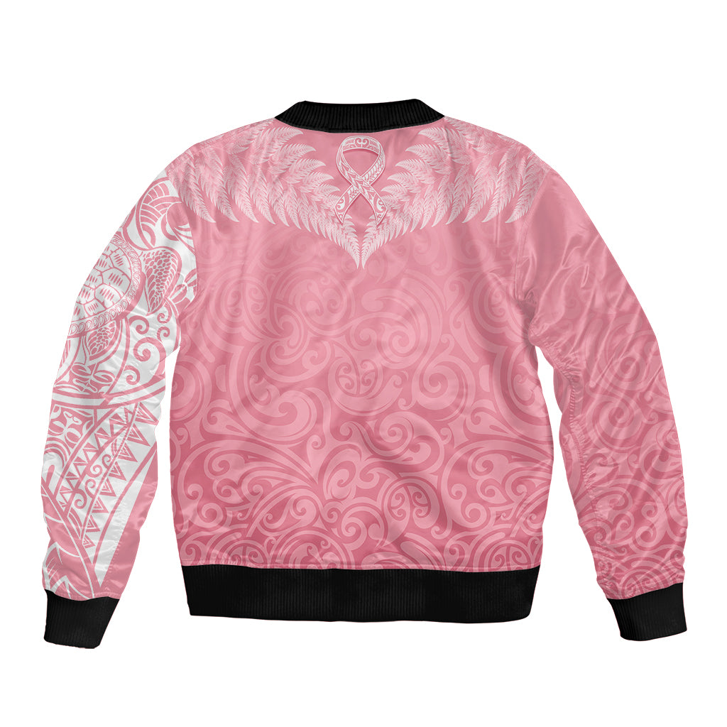 Personalised New Zealand Sleeve Zip Bomber Jacket Pink Ribbon Tattoo Mix Silver Fern - Wonder Print Shop