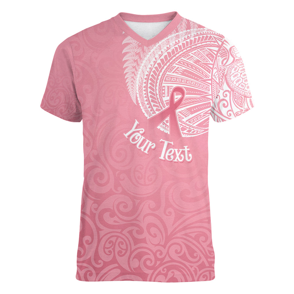 Personalised New Zealand Women V Neck T Shirt Pink Ribbon Tattoo Mix Silver Fern - Wonder Print Shop