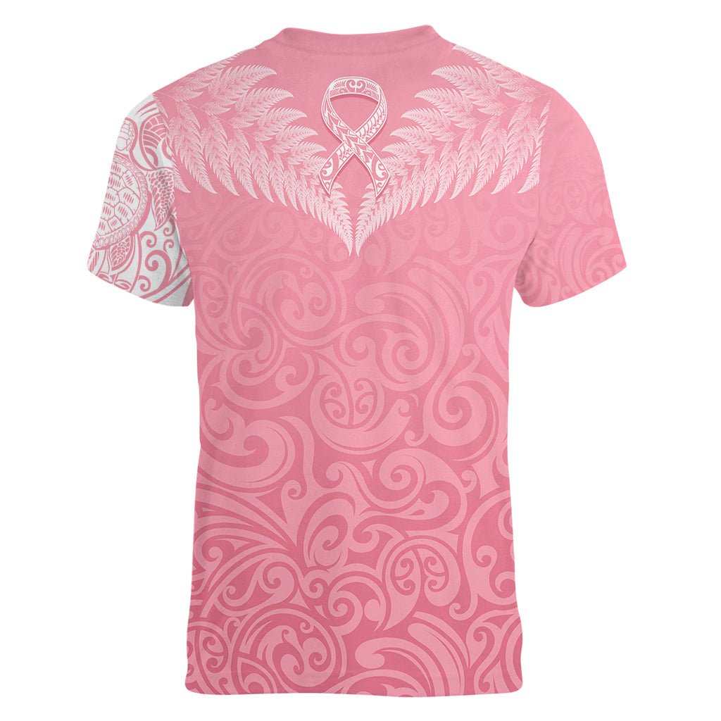 Personalised New Zealand Women V Neck T Shirt Pink Ribbon Tattoo Mix Silver Fern - Wonder Print Shop