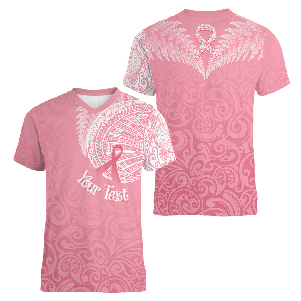 Personalised New Zealand Women V Neck T Shirt Pink Ribbon Tattoo Mix Silver Fern - Wonder Print Shop