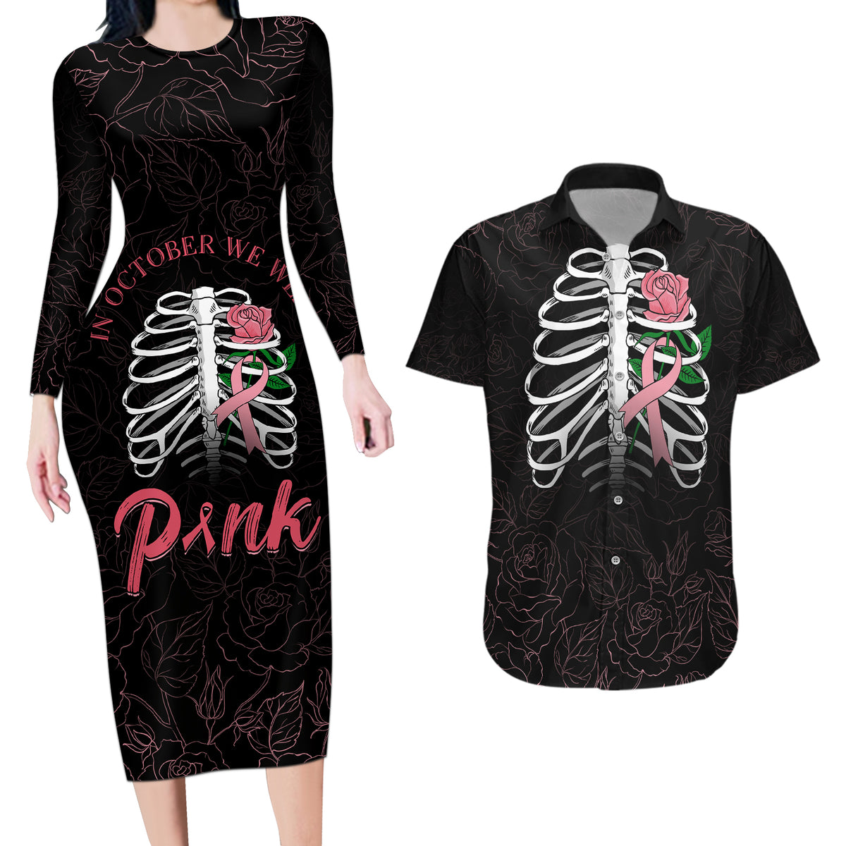 In October We Wear Pink Breast Cancer Awareness Couples Matching Long Sleeve Bodycon Dress and Hawaiian Shirt Skull and Roses - Black LT7 - Wonder Print Shop