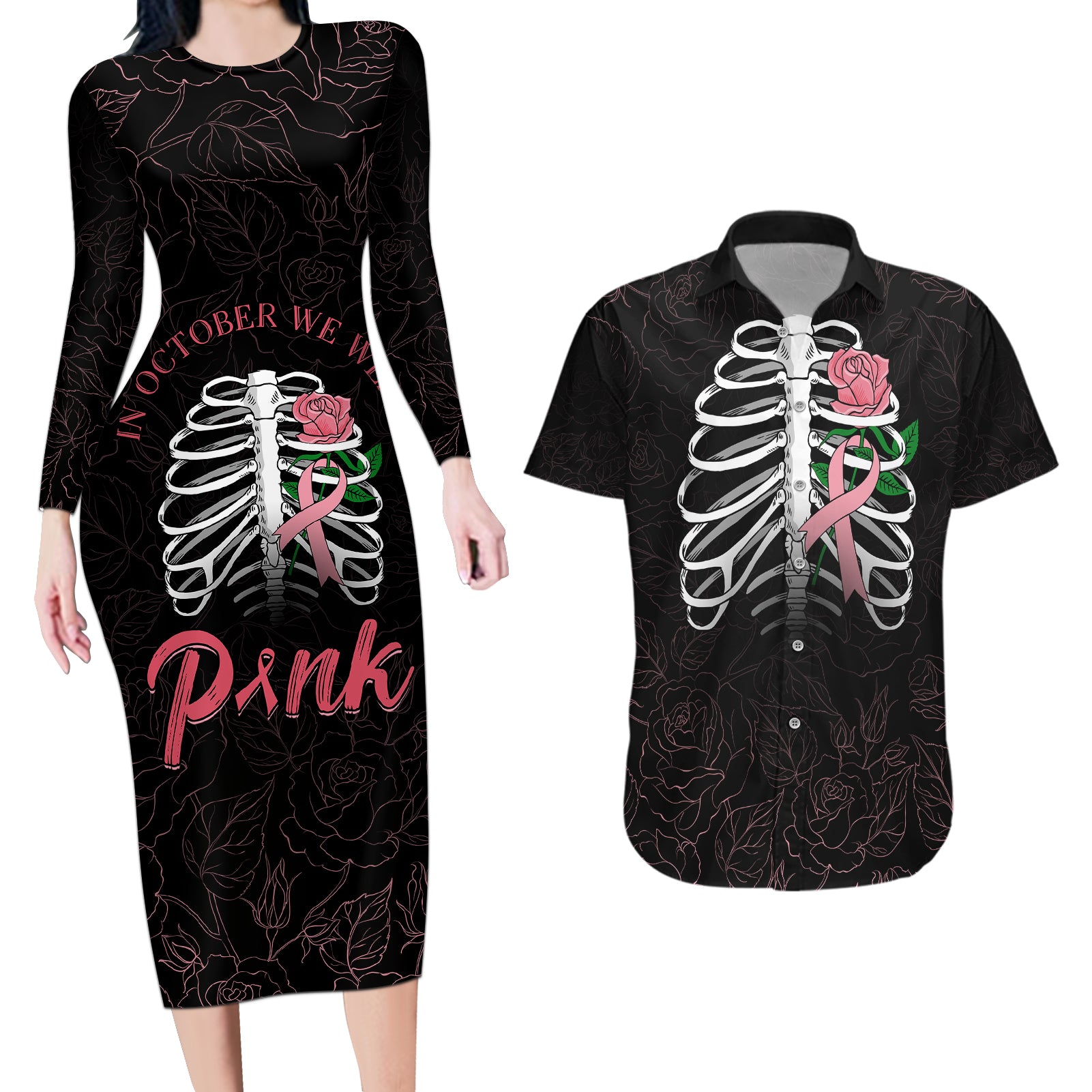 In October We Wear Pink Breast Cancer Awareness Couples Matching Long Sleeve Bodycon Dress and Hawaiian Shirt Skull and Roses - Black LT7 - Wonder Print Shop