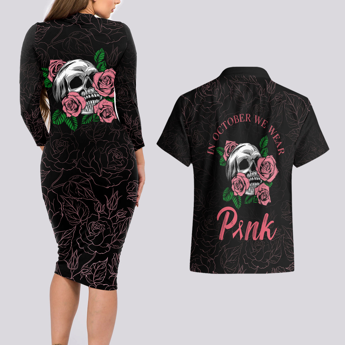 In October We Wear Pink Breast Cancer Awareness Couples Matching Long Sleeve Bodycon Dress and Hawaiian Shirt Skull and Roses - Black LT7 - Wonder Print Shop