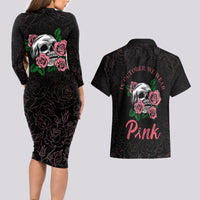 In October We Wear Pink Breast Cancer Awareness Couples Matching Long Sleeve Bodycon Dress and Hawaiian Shirt Skull and Roses - Black LT7 - Wonder Print Shop