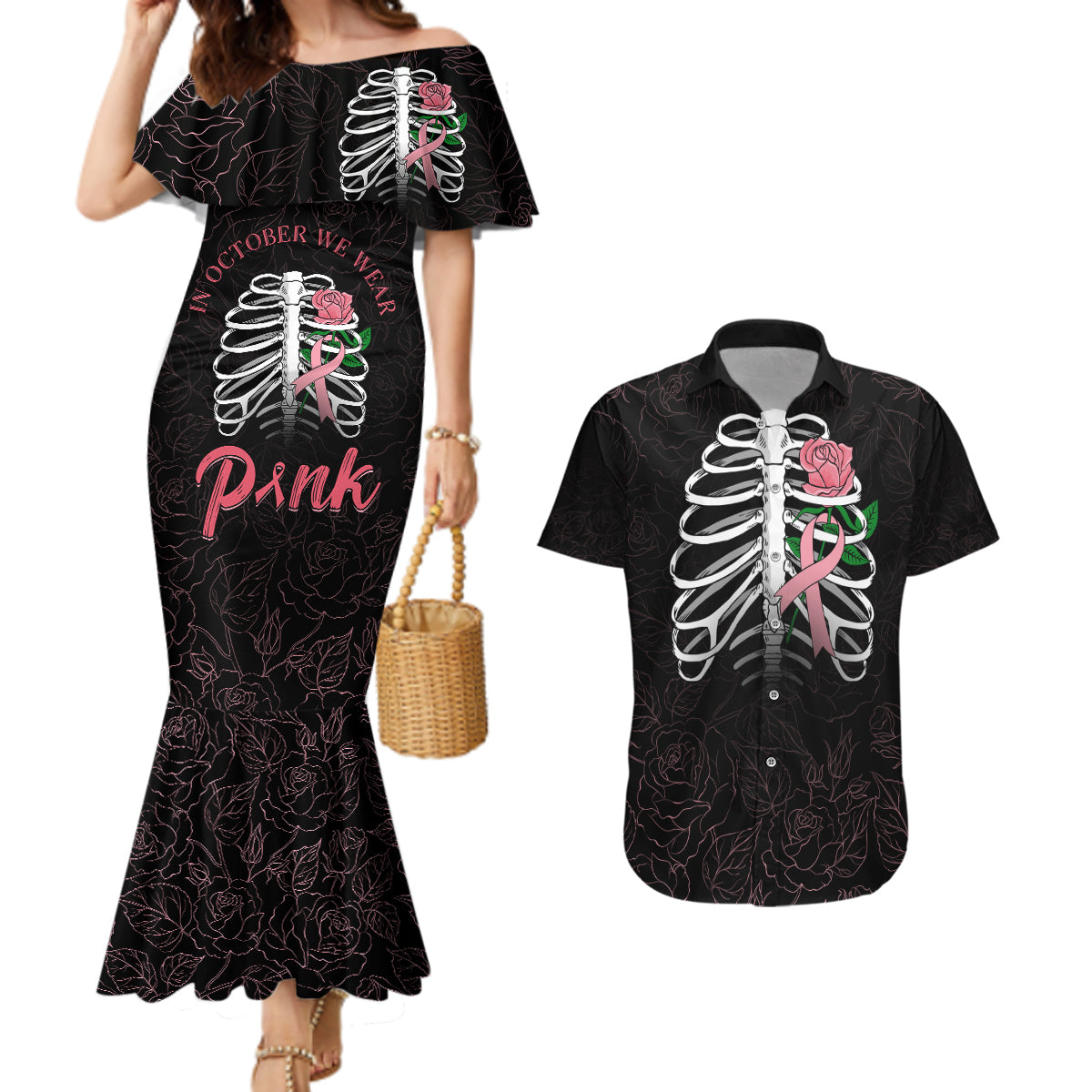 In October We Wear Pink Breast Cancer Awareness Couples Matching Mermaid Dress and Hawaiian Shirt Skull and Roses - Black LT7 - Wonder Print Shop
