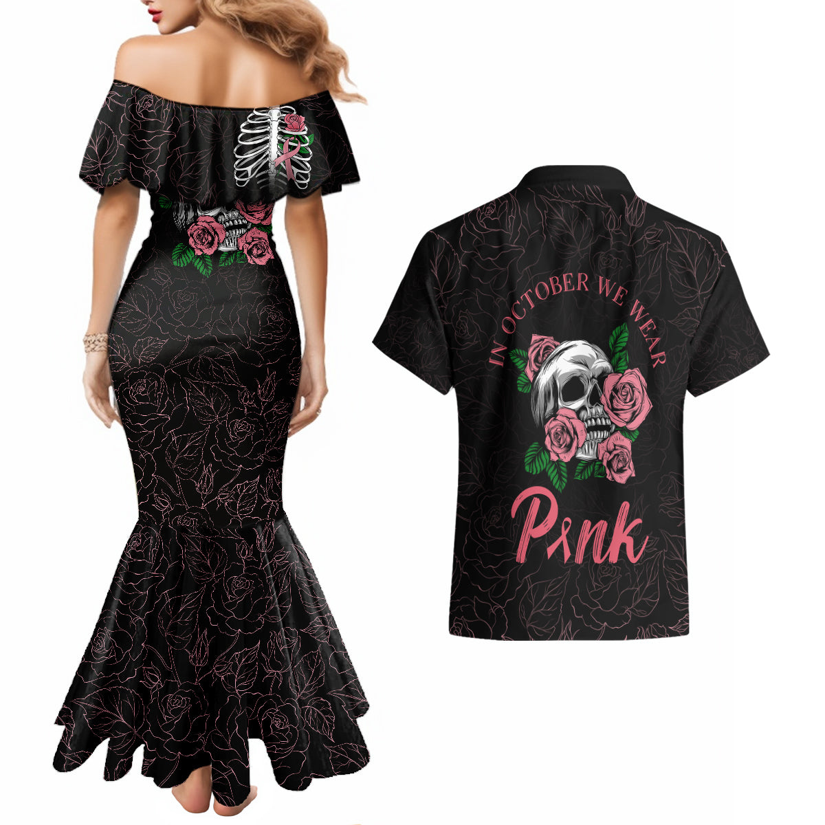 In October We Wear Pink Breast Cancer Awareness Couples Matching Mermaid Dress and Hawaiian Shirt Skull and Roses - Black LT7 - Wonder Print Shop