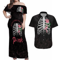 In October We Wear Pink Breast Cancer Awareness Couples Matching Off Shoulder Maxi Dress and Hawaiian Shirt Skull and Roses - Black LT7 - Wonder Print Shop