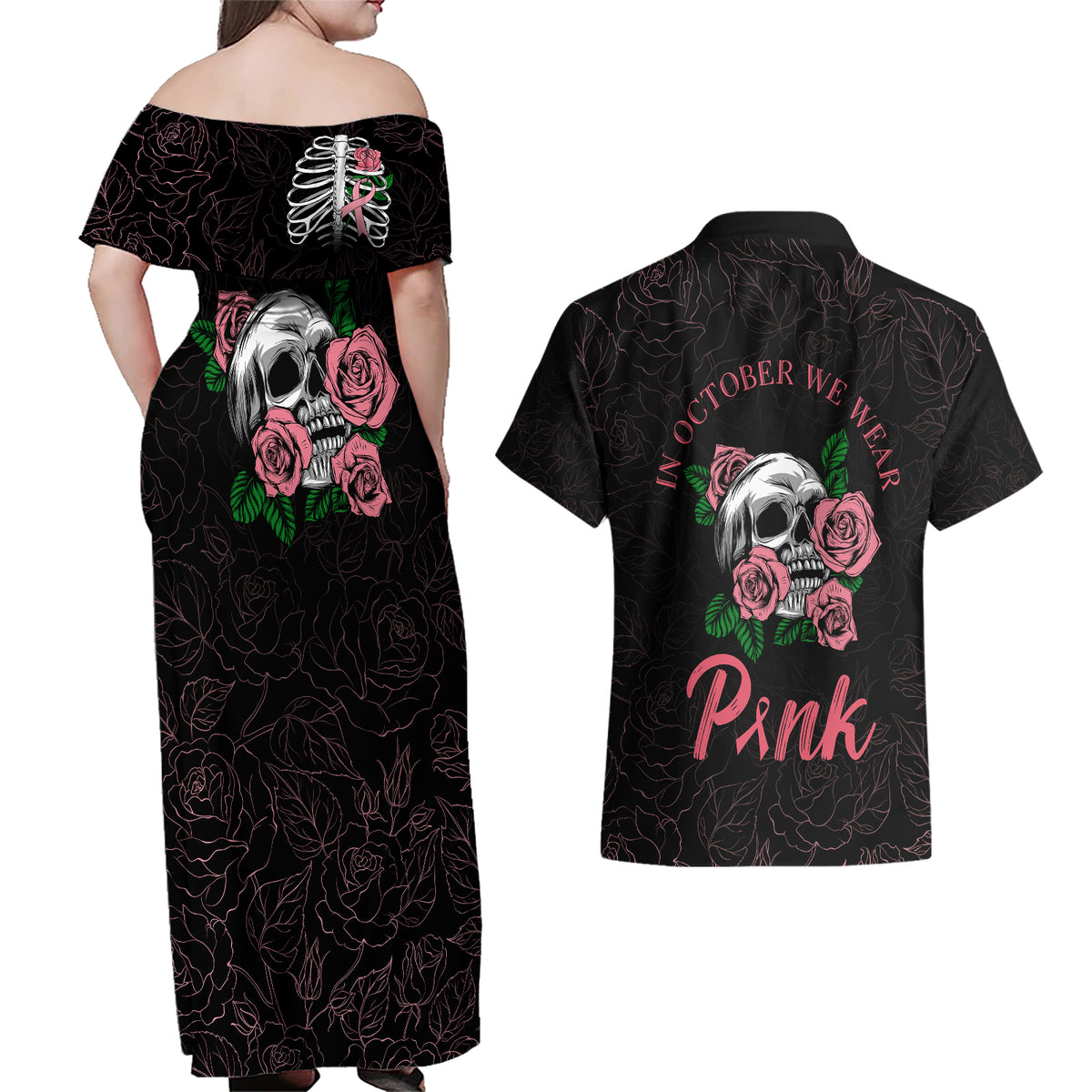 In October We Wear Pink Breast Cancer Awareness Couples Matching Off Shoulder Maxi Dress and Hawaiian Shirt Skull and Roses - Black LT7 - Wonder Print Shop