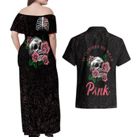 In October We Wear Pink Breast Cancer Awareness Couples Matching Off Shoulder Maxi Dress and Hawaiian Shirt Skull and Roses - Black LT7 - Wonder Print Shop