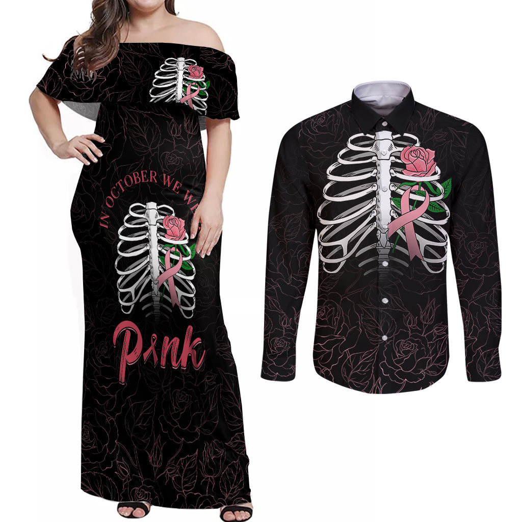 In October We Wear Pink Breast Cancer Awareness Couples Matching Off Shoulder Maxi Dress and Long Sleeve Button Shirts Skull and Roses - Black LT7 - Wonder Print Shop