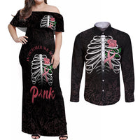 In October We Wear Pink Breast Cancer Awareness Couples Matching Off Shoulder Maxi Dress and Long Sleeve Button Shirts Skull and Roses - Black LT7 - Wonder Print Shop