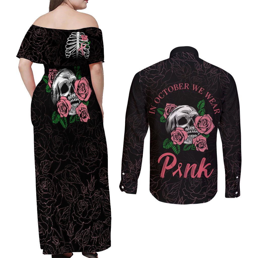 In October We Wear Pink Breast Cancer Awareness Couples Matching Off Shoulder Maxi Dress and Long Sleeve Button Shirts Skull and Roses - Black LT7 - Wonder Print Shop