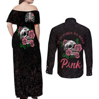 In October We Wear Pink Breast Cancer Awareness Couples Matching Off Shoulder Maxi Dress and Long Sleeve Button Shirts Skull and Roses - Black LT7 - Wonder Print Shop