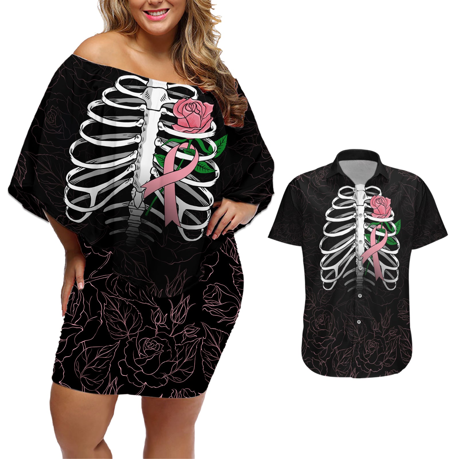 In October We Wear Pink Breast Cancer Awareness Couples Matching Off Shoulder Short Dress and Hawaiian Shirt Skull and Roses - Black LT7 - Wonder Print Shop