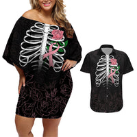 In October We Wear Pink Breast Cancer Awareness Couples Matching Off Shoulder Short Dress and Hawaiian Shirt Skull and Roses - Black LT7 - Wonder Print Shop
